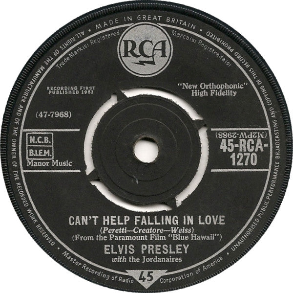 Elvis Presley With The Jordanaires : Can't Help Falling In Love (7", Single)