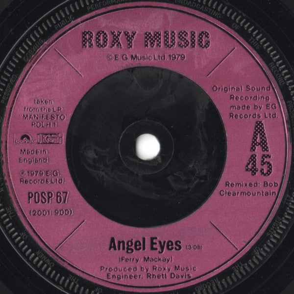 Roxy Music : Angel Eyes (7", Single, Pin)