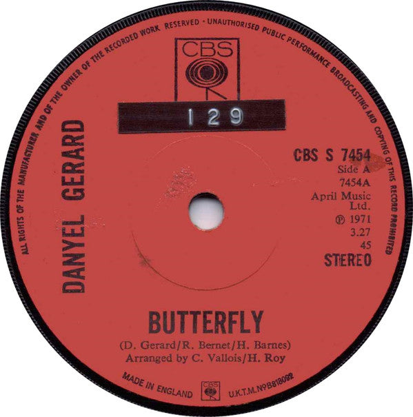 Danyel Gerard* : Butterfly  (7", Single, Sol)