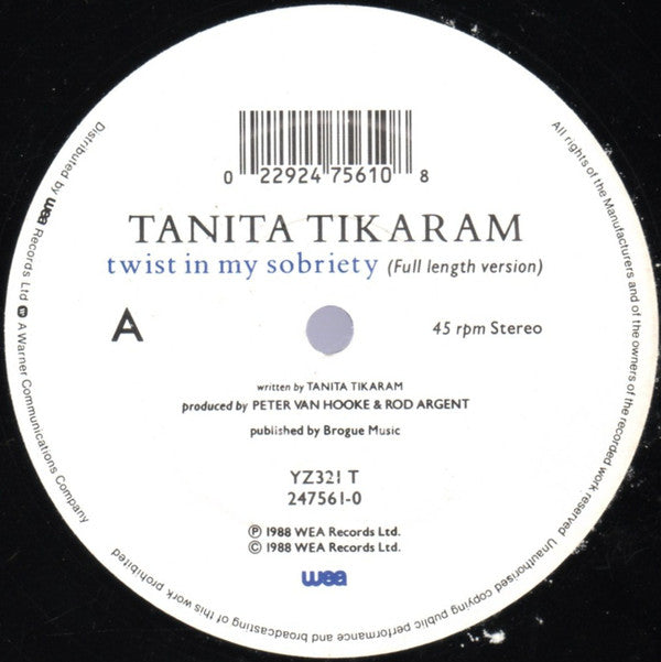 Tanita Tikaram : Twist In My Sobriety (Full Length Version) (12")