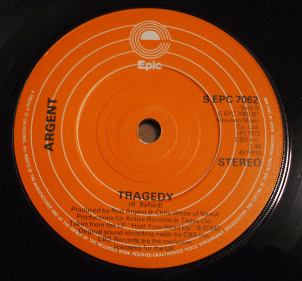 Argent : Hold Your Head Up / Tragedy (7", Single, Sol)
