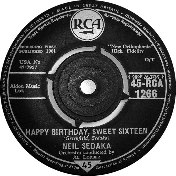 Neil Sedaka : Happy Birthday, Sweet Sixteen (7", Single)
