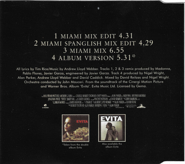 Madonna : Don't Cry For Me Argentina (The Dance Mixes) (CD, Single, CD2)