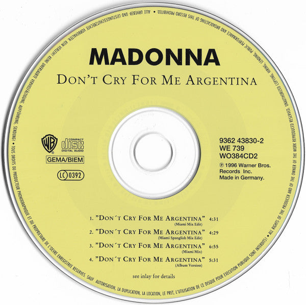 Madonna : Don't Cry For Me Argentina (The Dance Mixes) (CD, Single, CD2)