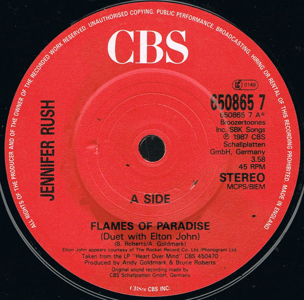 Jennifer Rush With Elton John : Flames Of Paradise (7", Single)