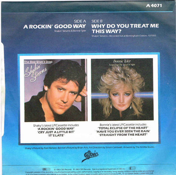 Shakin' Stevens & Bonnie Tyler : A Rockin' Good Way (7", Single, Blu)