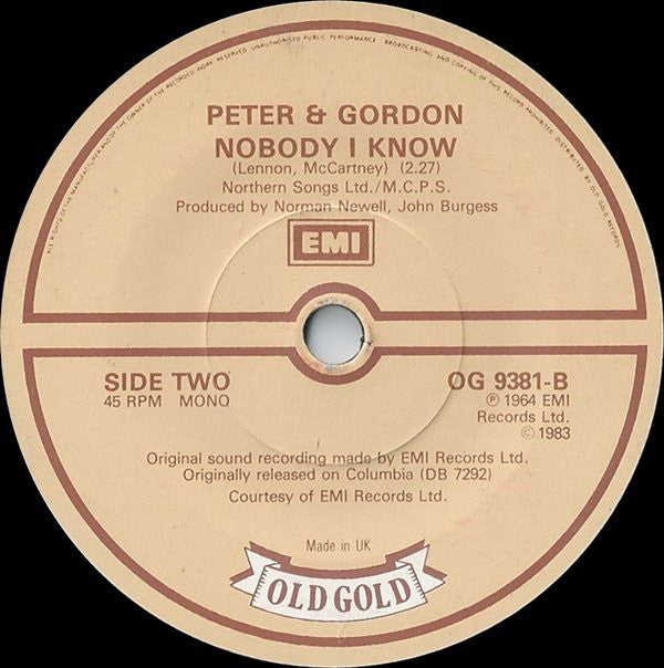 Peter & Gordon : A World Without Love / Nobody I Know (7", Mono)