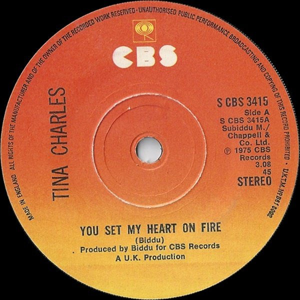 Tina Charles : You Set My Heart On Fire (7", Sol)