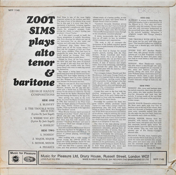 Zoot Sims : Plays Alto Tenor & Baritone (George Handy Compositions) (LP, Album, Mono, RE)