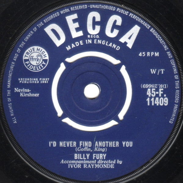 Billy Fury : I'd Never Find Another You (7", Single, 4-P)