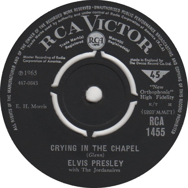 Elvis Presley With The Jordanaires : Crying In The Chapel (7", Single)