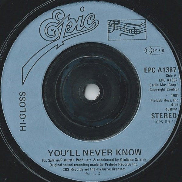 Hi-Gloss : You'll Never Know (7", Single)