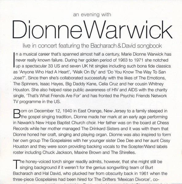 Dionne Warwick : An Evening With Dionne Warwick: Live In Concert Featuring The Bacharach & David Songbook (CD, Album)