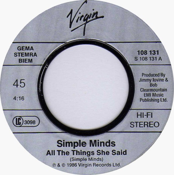 Simple Minds : All The Things She Said (7", Single)