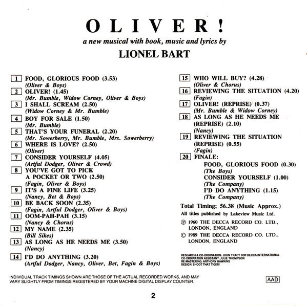 Lionel Bart, Ron Moody, Georgia Brown, Paul Whitsun-Jones, Hope Jackman, Danny Sewell : Original London Cast - Oliver!  (CD, Album)