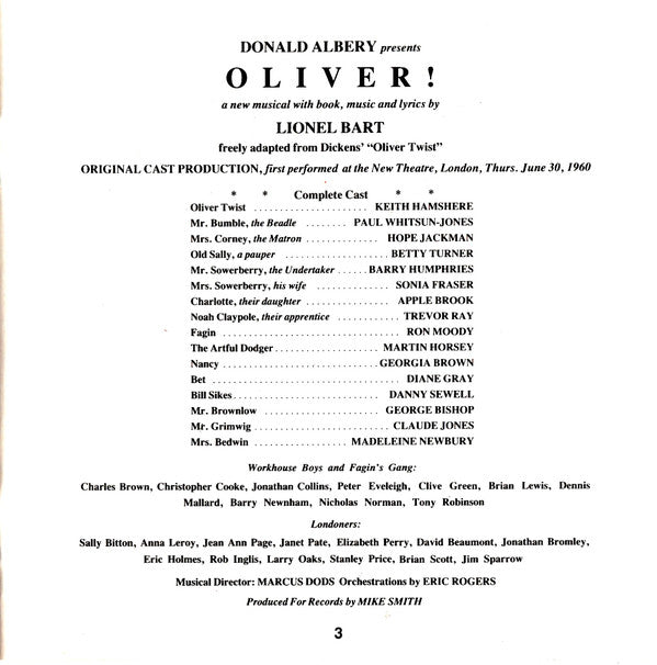 Lionel Bart, Ron Moody, Georgia Brown, Paul Whitsun-Jones, Hope Jackman, Danny Sewell : Original London Cast - Oliver!  (CD, Album)