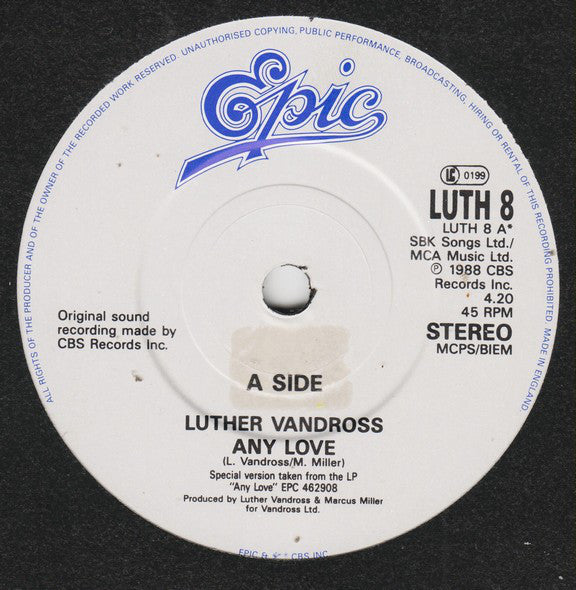 Luther Vandross : Any Love (7", Single)