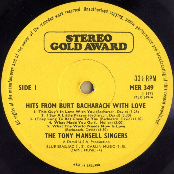 The Tony Mansell Singers : Hits From Burt Bacharach With Love (LP)
