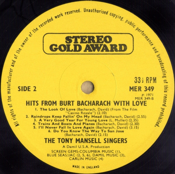 The Tony Mansell Singers : Hits From Burt Bacharach With Love (LP)