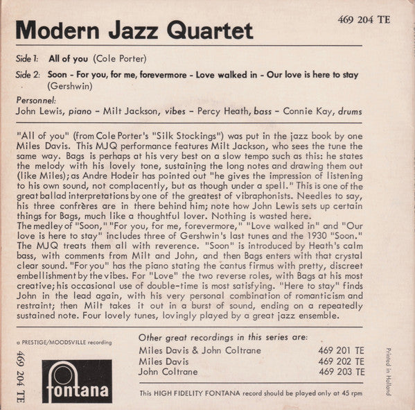 The Modern Jazz Quartet : All Of You / Medley (7", EP, Mono)