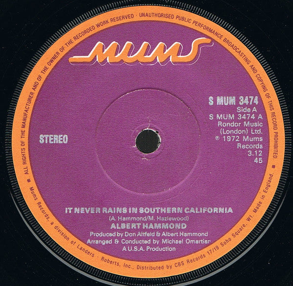 Albert Hammond : It Never Rains In Southern California (7", Single, Sol)
