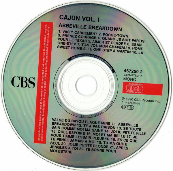 Various : Cajun Vol. 1 Abbeville Breakdown 1929-1939 (CD, Comp, Mono)