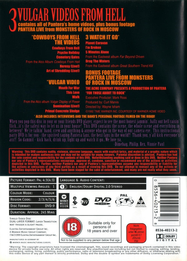 Pantera : 3 Vulgar Videos From Hell (DVD-V, Comp, Copy Prot., RM, RP, PAL, Kee)