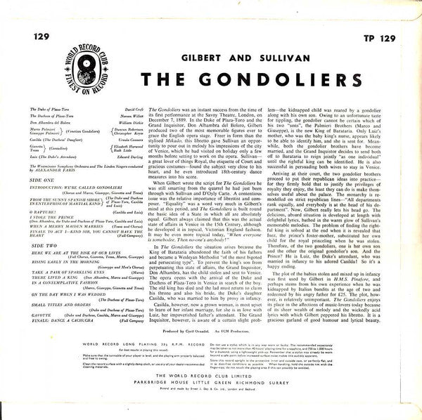 Gilbert & Sullivan, Westminster Symphony Orchestra, The Linden Singers, Alexander Faris : The Gondoliers (LP, Club, RE)