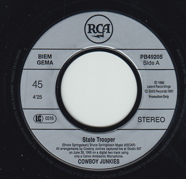 Cowboy Junkies : State Trooper/Baby Please Don't Go (7", Promo)