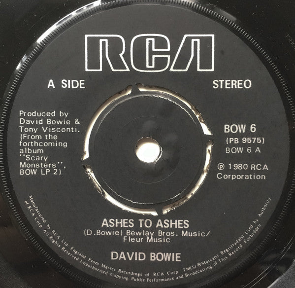 David Bowie : Ashes To Ashes (7", Single, Pus)