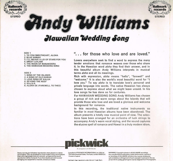 Andy Williams : Hawaiian Wedding Song (LP, Album, RE)