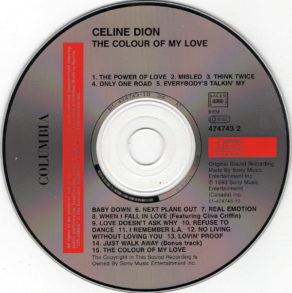 Céline Dion : The Colour Of My Love (CD, Album, DAD)