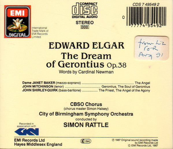 Sir Edward Elgar / Janet Baker, John Mitchinson, John Shirley-Quirk, City Of Birmingham Symphony Orchestra Chorus, City Of Birmingham Symphony Orchestra / Sir Simon Rattle : The Dream Of Gerontius (2xCD)