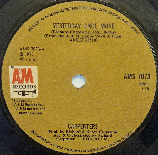 Carpenters : Yesterday Once More (7", Single, Sol)