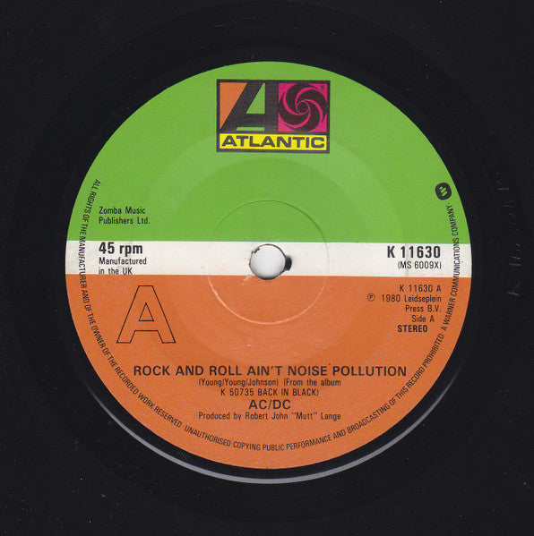 AC/DC : Rock And Roll Ain't Noise Pollution (7", Single, RP)