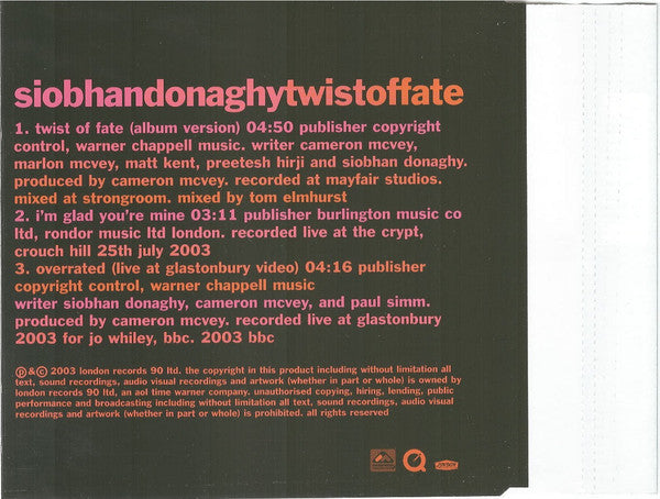 Siobhan Donaghy : Twist Of Fate (CD, Single, Enh, CD1)