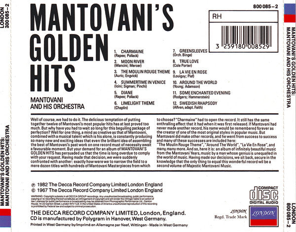Mantovani And His Orchestra : Mantovani's Golden Hits (CD, Comp, RE, RM)
