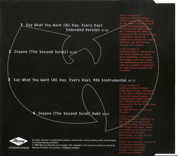 Texas Featuring The Wu-Tang Clan : Say What You Want (All Day, Every Day) / Insane (CD, Single)