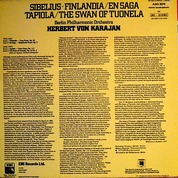 Jean Sibelius – Berliner Philharmoniker, Herbert von Karajan : Finlandia / En Saga / Tapiola / The Swan Of Tuonela (LP, Quad)