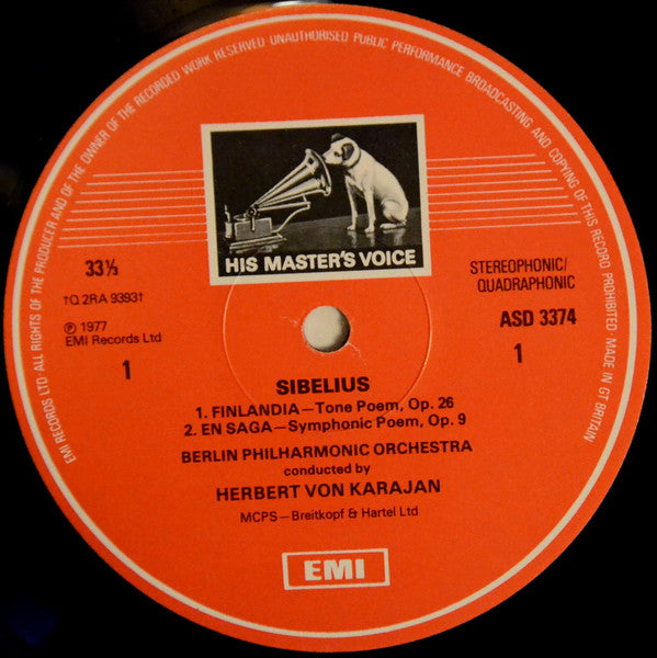 Jean Sibelius – Berliner Philharmoniker, Herbert von Karajan : Finlandia / En Saga / Tapiola / The Swan Of Tuonela (LP, Quad)