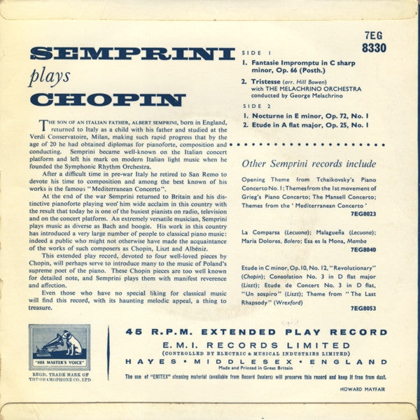 Alberto Semprini : Semprini Plays Chopin (7", EP, Gre)