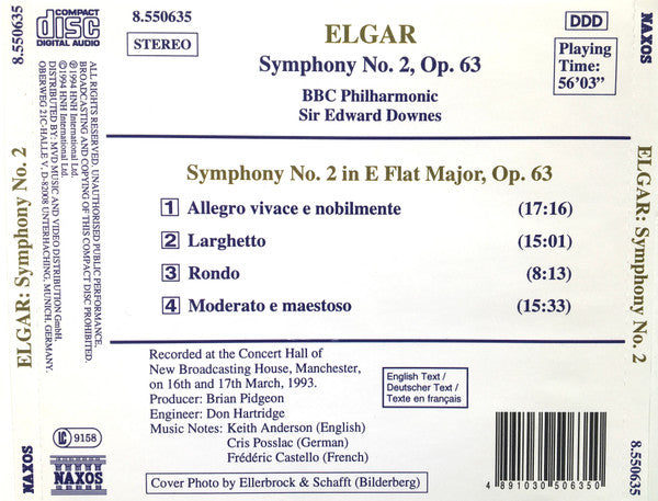 Elgar*, BBC Philharmonic, Sir Edward Downes* : Symphony No. 2, Op. 63 (CD, Album)
