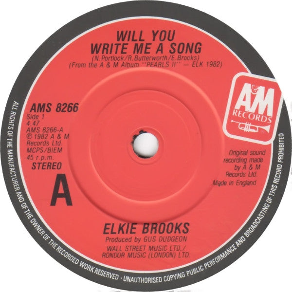 Elkie Brooks : Will You Write Me A Song (7", Single)