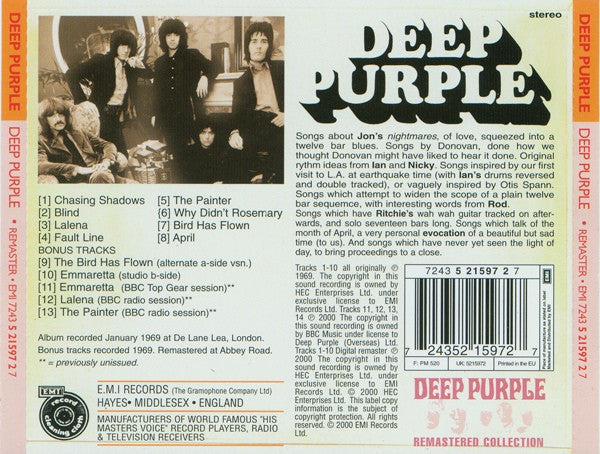 Deep Purple : Deep Purple (CD, Album, RE, RM, RP)