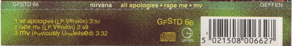 Nirvana : All Apologies ● Rape Me ● MV (CD, Single)