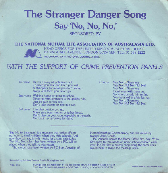 P.C. Rainbow And The Choir Of Fernwood Junior School : The Stranger Danger Song (7", Single)