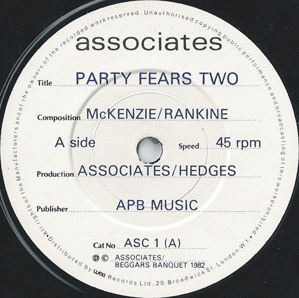 Associates* : Party Fears Two (7", Single)