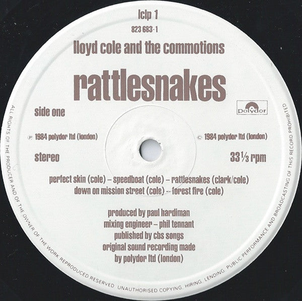 Lloyd Cole & The Commotions : Rattlesnakes (LP, Album, Whi)