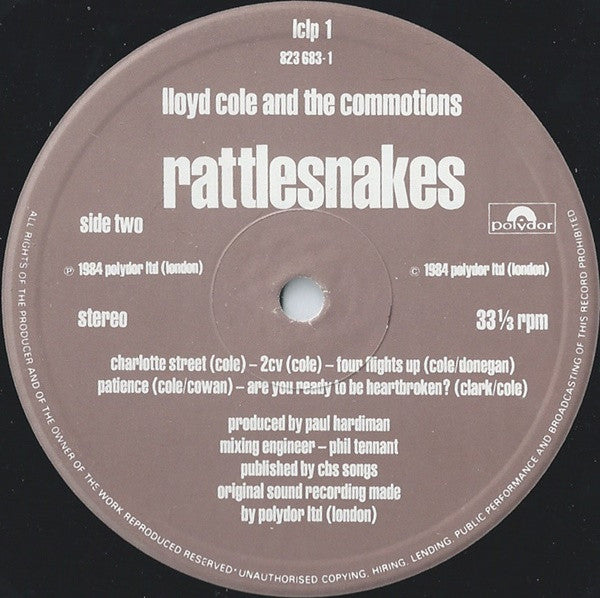 Lloyd Cole & The Commotions : Rattlesnakes (LP, Album, Whi)