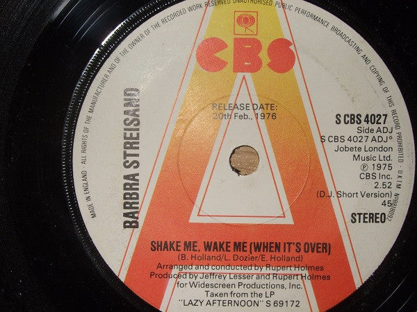 Barbra Streisand : Shake Me, Wake Me (When It's Over) (7", Promo)